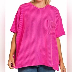 Zenana Outfitters Bright Hot Pink Ribbed Short Sleeve Tee